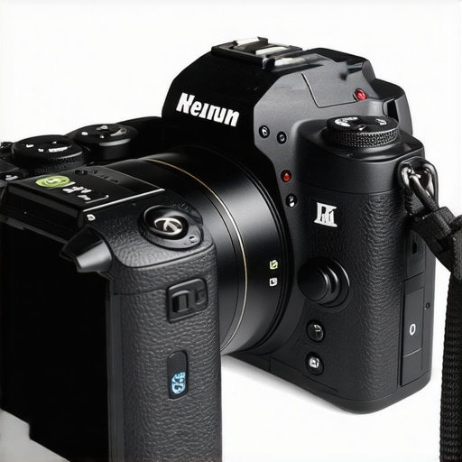 Close-up of a professional mirrorless camera showcasing HDR and stabilization controls
