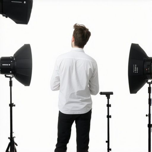 Content creator adjusting studio lighting with softboxes and natural light