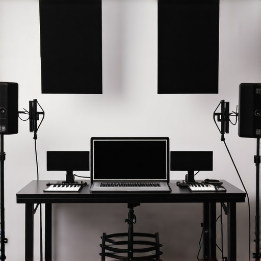 High-Quality Studio with Acoustic and Lighting Excellence Studio environment with acoustic panels, bass traps, and dynamic lighting illuminating a content creator.
