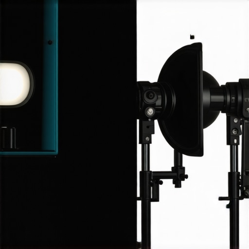 Studio rig with adjustable arms, LED lighting, and acoustic treatment for professional content creation