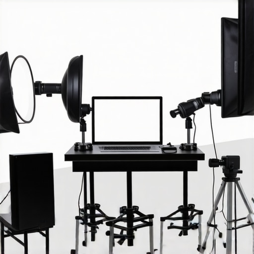 Modern content creator studio setup with lighting and rig Studio setup with modular rig, softboxes, and adjustable lighting for content creation