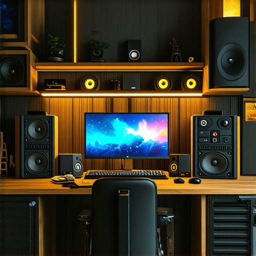 Personalized Modern Studio Setup with Ergonomic and Smart Tech Elements A well-organized, ergonomic studio with smart lighting and modular equipment, inspiring creative environment