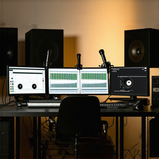 Professional Content Creator Studio with Advanced Equipment Modern studio setup with audio and visual gear for content creation