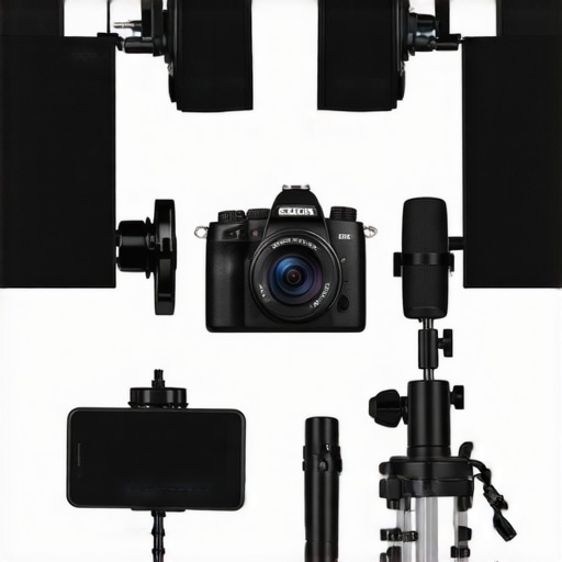 State-of-the-Art Content Studio Setup in 2024 Modern content creator studio with professional camera, microphone, acoustic treatment, and ambient lighting