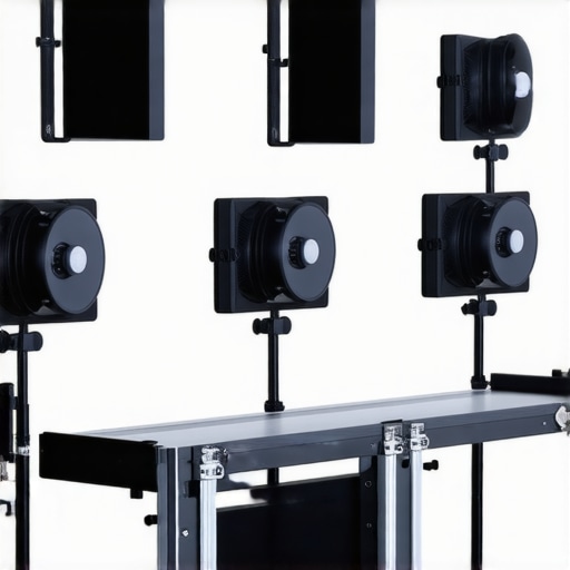 A sleek, modular creator rig with adjustable LED panels in a professional studio environment.