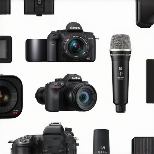 Visual comparison of high-end and budget content creation equipment including camera, microphone, lighting, and rigs.