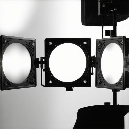 Close-up of a sturdy, adjustable lighting rig with LED panels in a studio environment