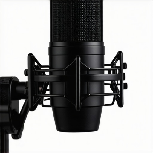 Close-up of a durable, matte-finished microphone with shock mount in a professional studio
