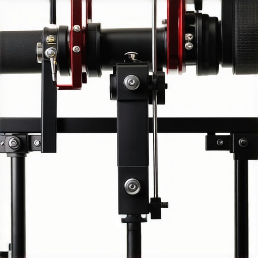 Close-up of a sturdy, textured aluminum studio rig showing modular parts and quick-release clamps