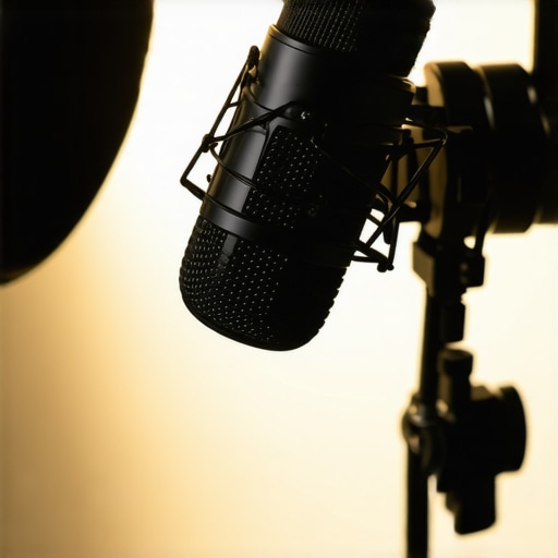 Close-up of a microphone and LED lighting kit on a creator's desk