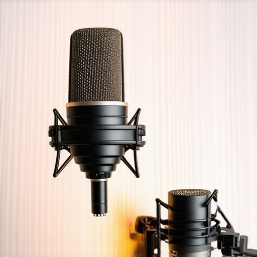 Professional microphone mounted on stand beside LED lighting panel for content creation