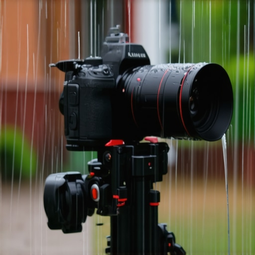 Outdoor professional camera rig in rain with stable mounts and weatherproof lighting