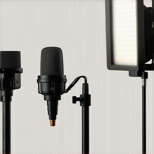 Microphone and LED lighting kit outdoors during rain, illustrating weather resilience issues.