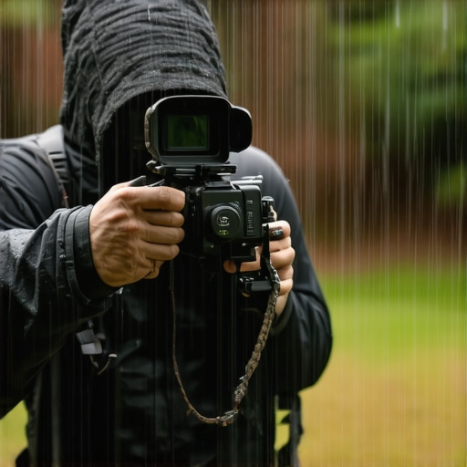 Outdoor filming scene with rain-resistant camera and microphone gear
