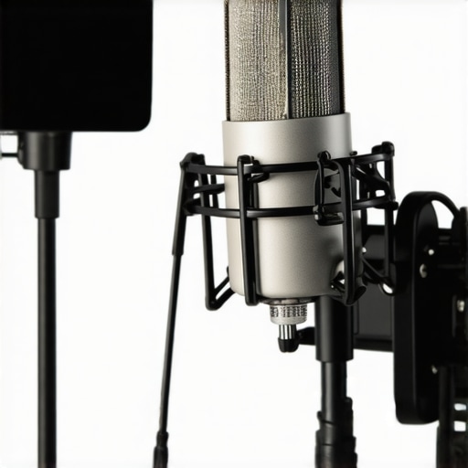 Close-up of microphone and lighting kit in studio