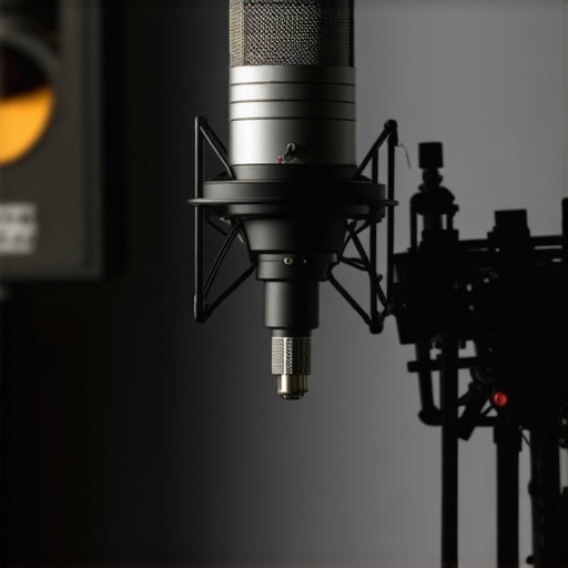 {keywords} microphone with studio background.