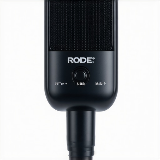 Close-up of Rode NT-USB Mini microphone with metal body and controls