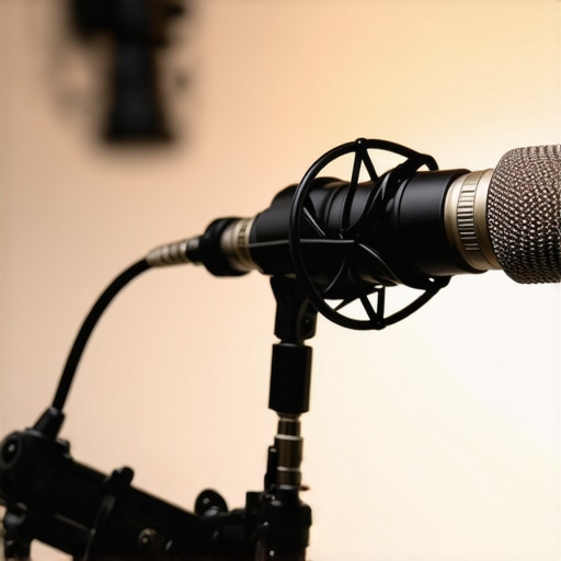 Close-up of Shure SM7B microphone mounted on a boom arm.
