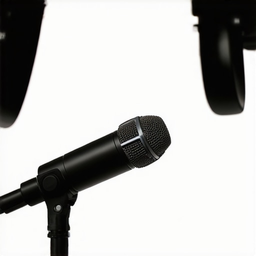 Close-up of microphone and LED light in modern creator studio