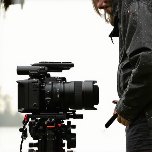 Outdoor creator rig with weatherproof equipment during rain