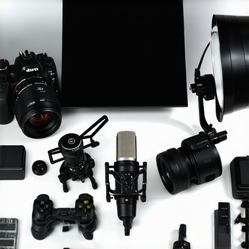 Professional creator studio with microphone, lighting, and camera equipment