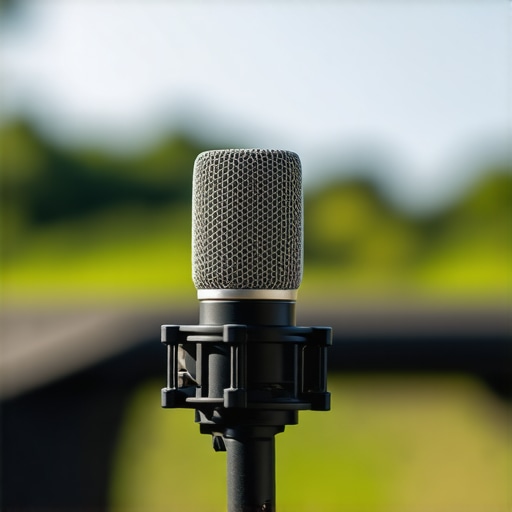 Close-up of a sturdy studio microphone with protective casing and high-quality connectors.