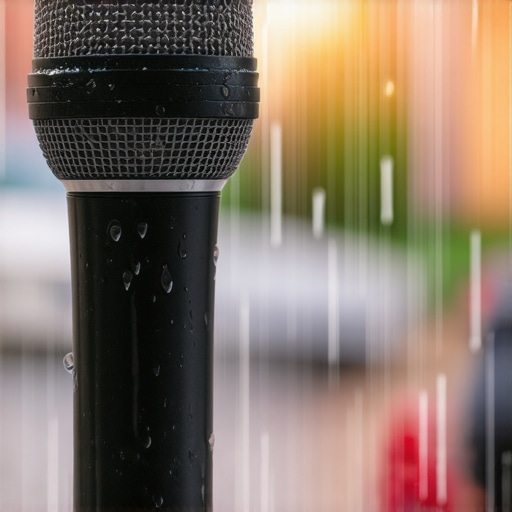 Waterproof microphone amid rain during outdoor recording