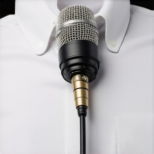 Close-up image of a portable lavalier microphone attached to clothing showing its plastic body and clip.