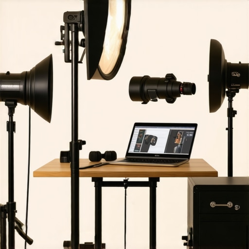 A sleek content creator studio with adjustable lighting and durable rigs
