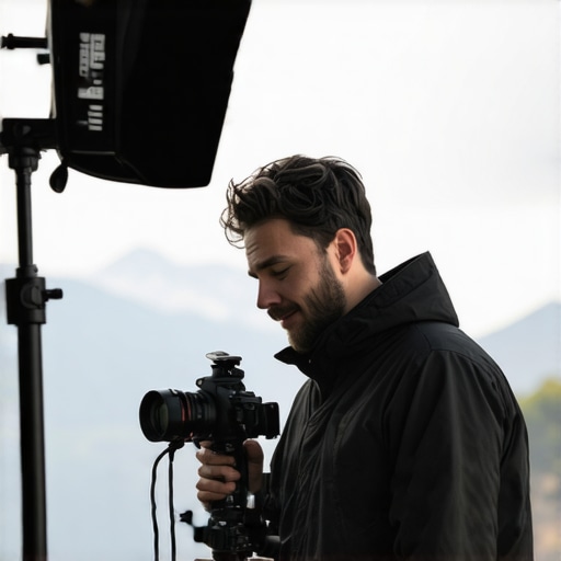 Creator recording with microphone, lighting, and camera outdoors under stress