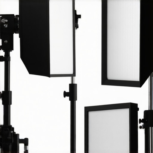 Studio lighting kits from various brands displayed in a professional setup.