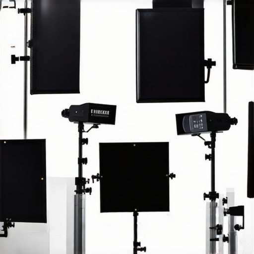 A professional photographer's studio with adjustable LED panels and mounting equipment