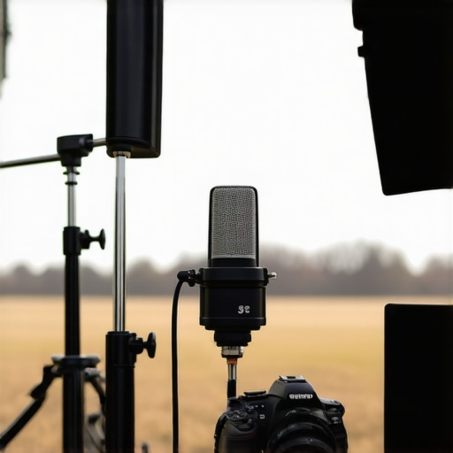 Studio microphone, lighting, and camera outdoors in challenging weather conditions