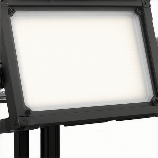 Close-up of a sturdy LED studio light showing metal casing and control knobs.