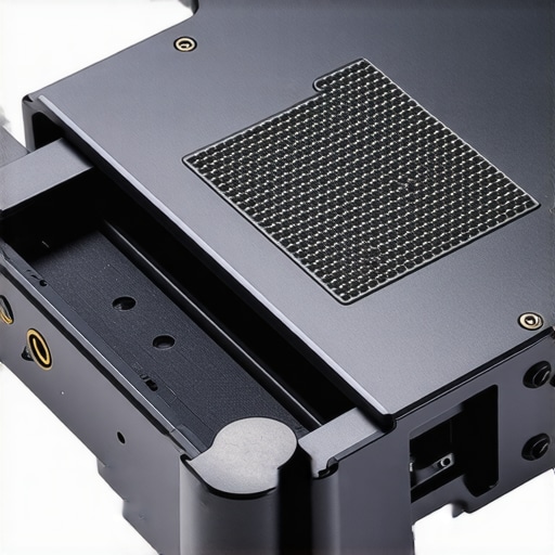A detailed image of a sturdy aluminum SSD mount highlighting its textured surface and cooling fins.