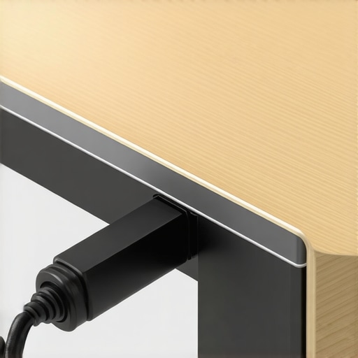 Magnetic Desk Rail Close-Up Close-up view of a metallic magnetic desk rail with cables secured in clips, highlighting build quality and design.