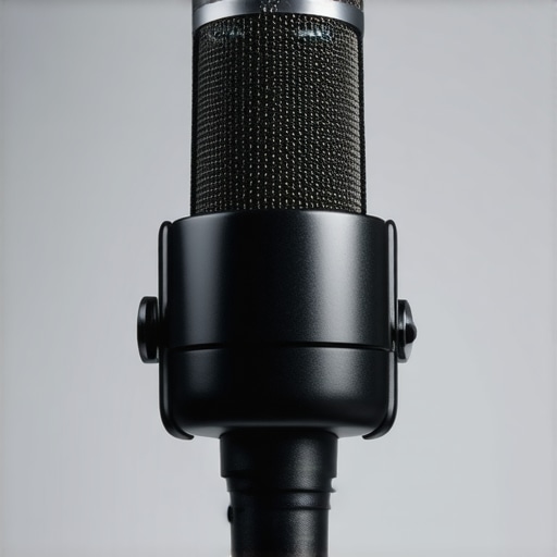 A close-up view of a modern, sleek AI-denoising microphone with metallic finish and tactile controls