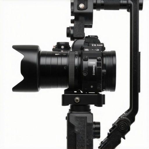 A detailed shot of a sleek, lightweight carbon fiber camera rig with modular attachments.