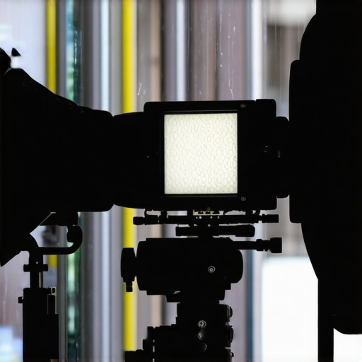 Microphones and lighting kit set up outdoors during rain.