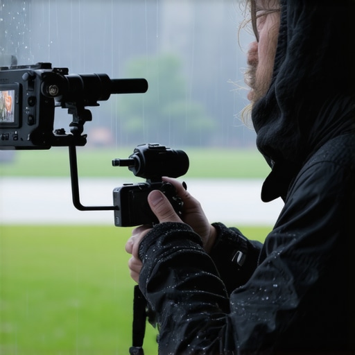 Outdoor Shooting in Challenging Conditions Photographer with camera rig in adverse weather demonstrating gear durability