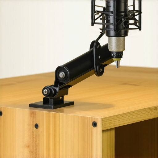 Desk clamp attached to desk holding microphone boom arm in a studio setting.