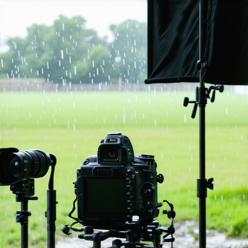Studio Gear in Rainy Environment Studio gear actively used outdoors during rain, showcasing durability and setup