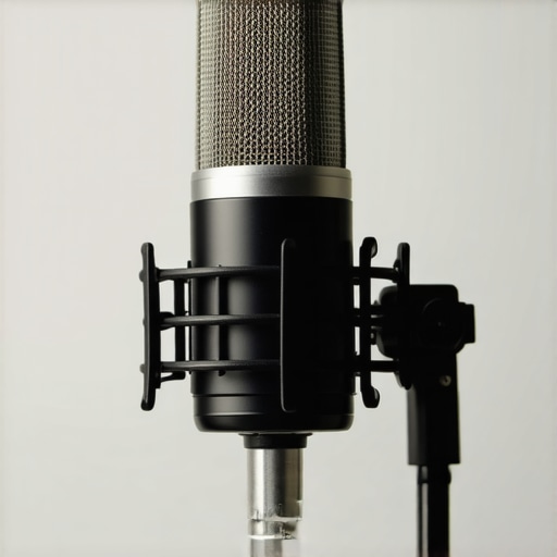 Close-up view of a portable neural microphone on a desk with a computer