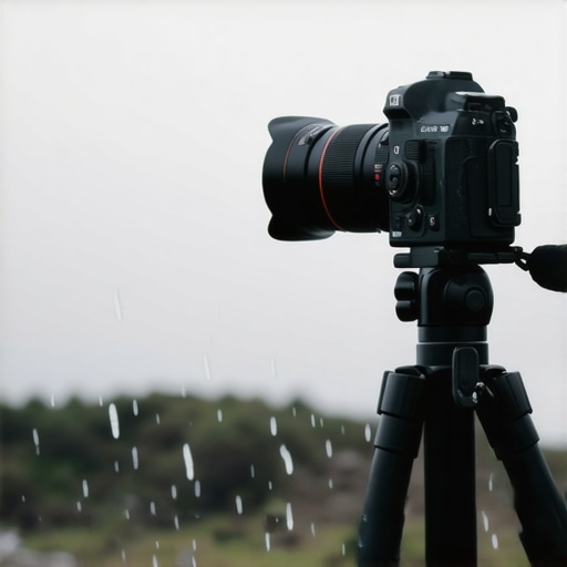 Camera mounted on rugged tripod in outdoor storm conditions.