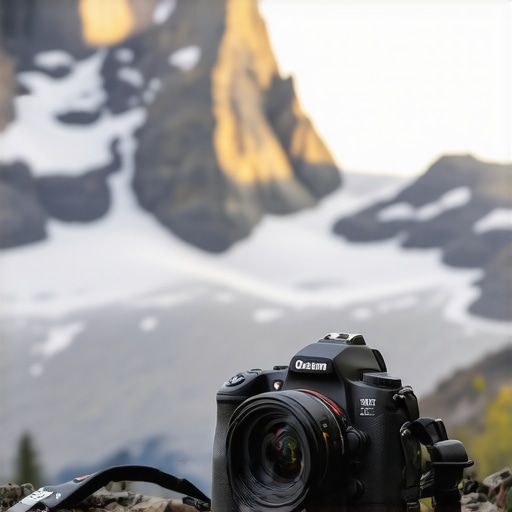 Camera and lighting equipment set up in rugged mountain environment for outdoor filming
