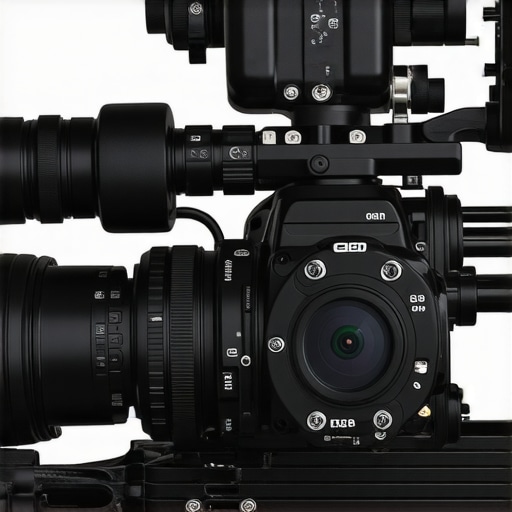 Close-up of a sleek, modular liquid-cooled camera rig showing cooling channels and external pump.