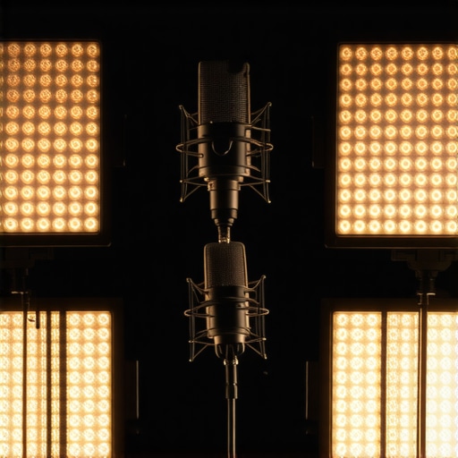 Professional studio lighting with microphones and camera gear on a creator's desk