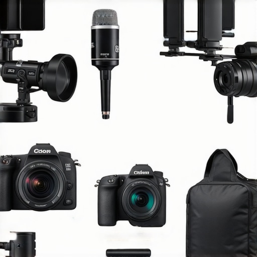 Image comparing various studio gear like cameras, microphones, and lights in a professional setup