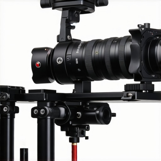 Close-up view of a premium titanium camera support rig showcasing modular parts and sleek finish