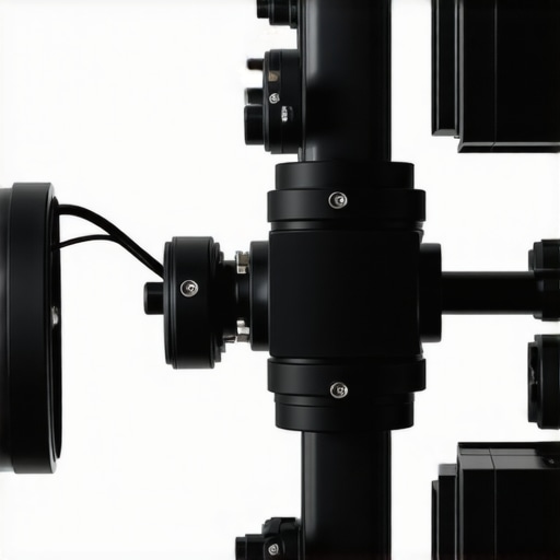 Close-up of modular rig adjustable joints and textured materials, studio lighting, high detail